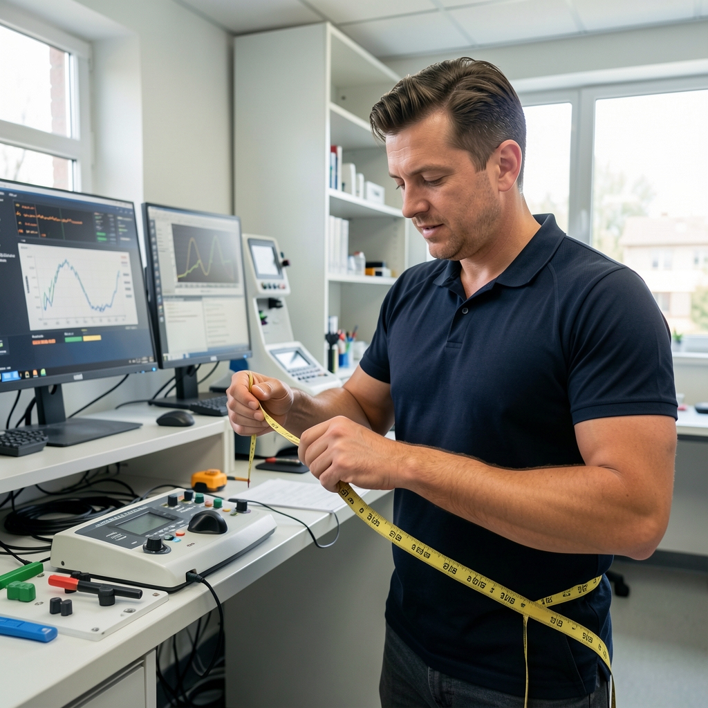 Stručnjak testira traku za trčanje merenjima buke i tehničkih performansi u laboratorijskim uslovima
