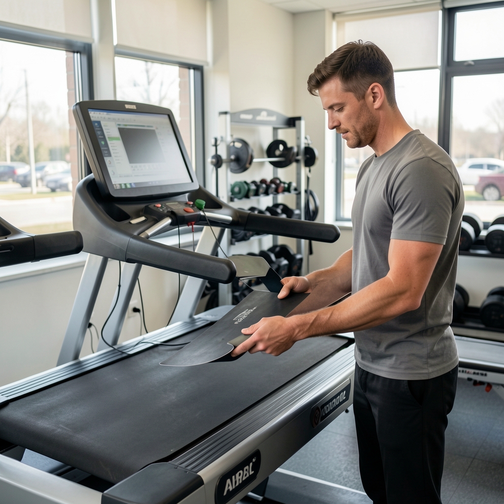 Ekspert za fitnes opremu ocenjuje tehničke specifikacije traka za trčanje u laboratoriji sa mernom opremom