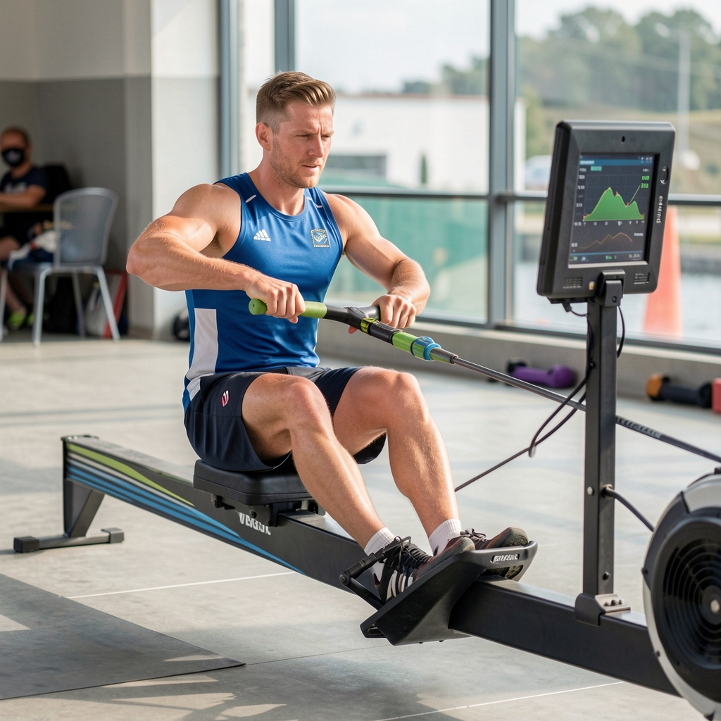 Sportista na veslačkom ergometru u brzom tempu sa vidljivim performansnim monitorom i ispravnom tehnikom veslanja