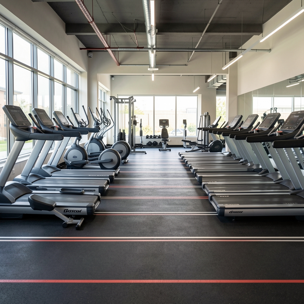 Fitnes sala sa nizom trakama za trčanje, eliptičnih mašina i stepera u modernom teretana centru
