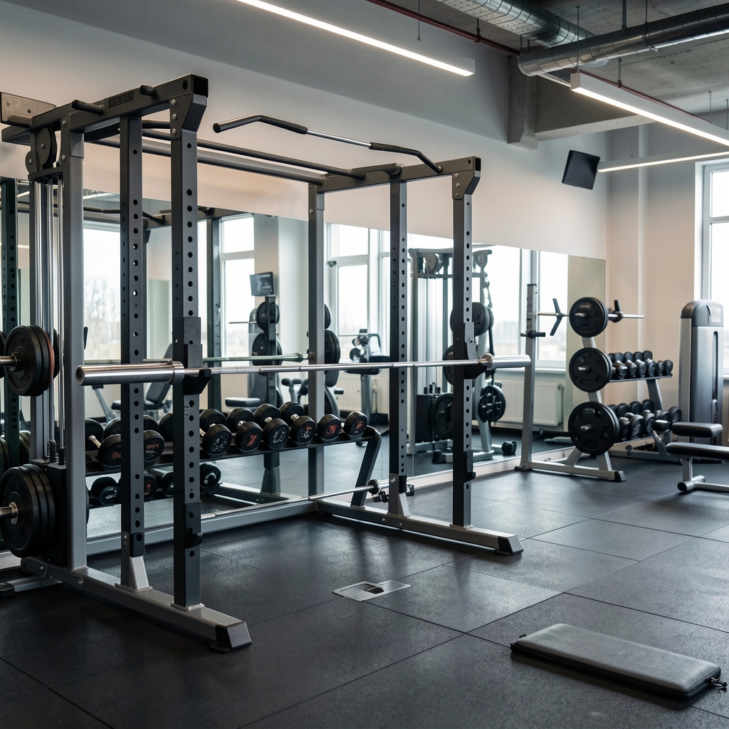 REP Fitness PR-4000 power rack stalak od crnog čelika sa kablovima, j-hooks i pull-up barom u modernoj kućnoj teretani