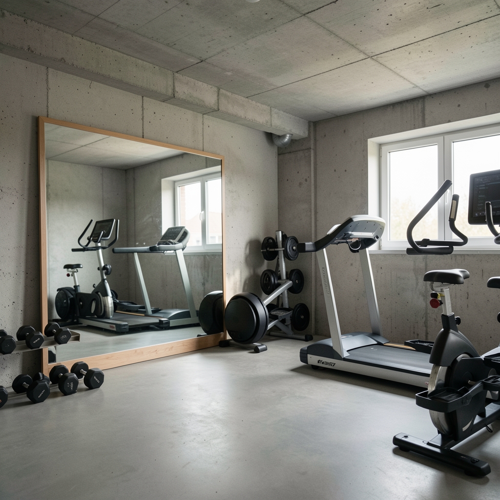 Lepo uređena kućna teretana u podrumu sa ogledalom, bučicama i cardio spravom