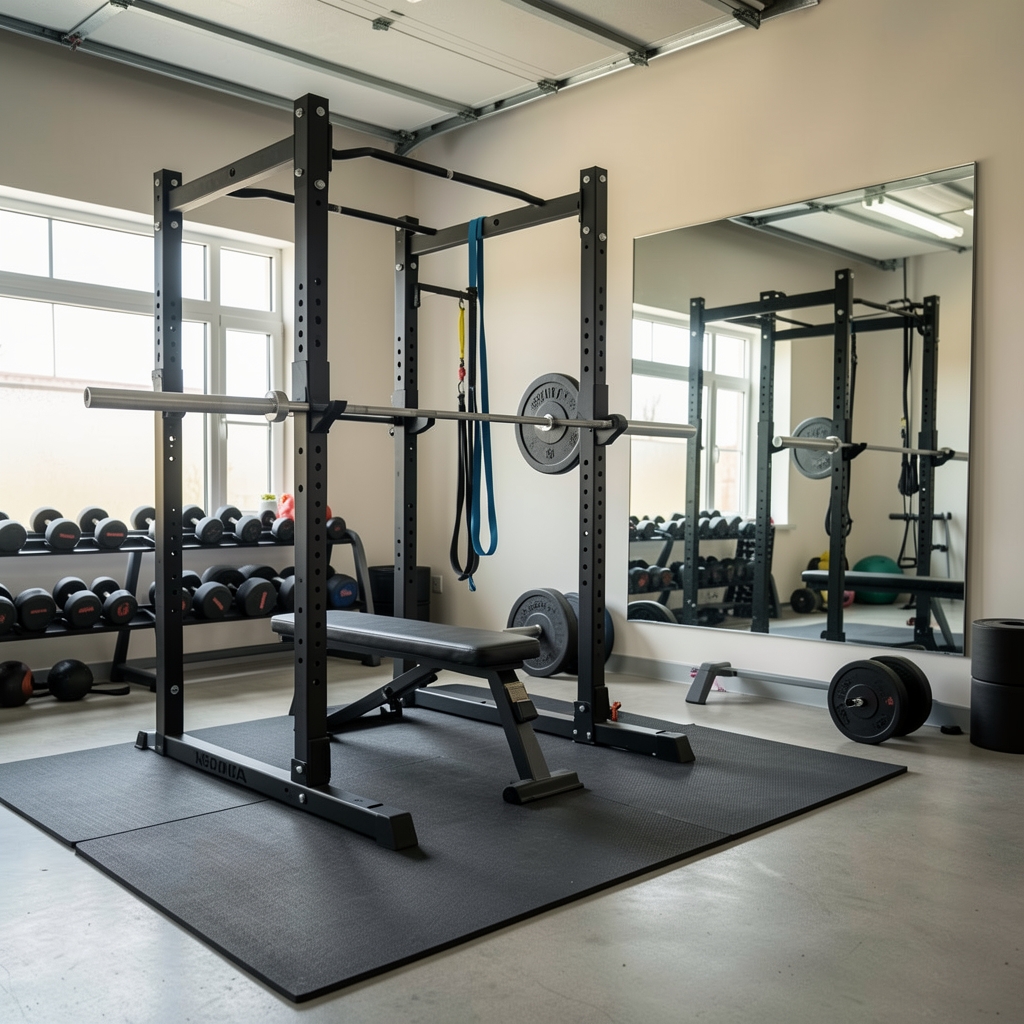 Moderna kućna teretana u garaži sa power rack stalkom, olimpijskim tegovima, gumenim podlogama i ogledalom, savremeno opremljeni kućni fitnes prostor