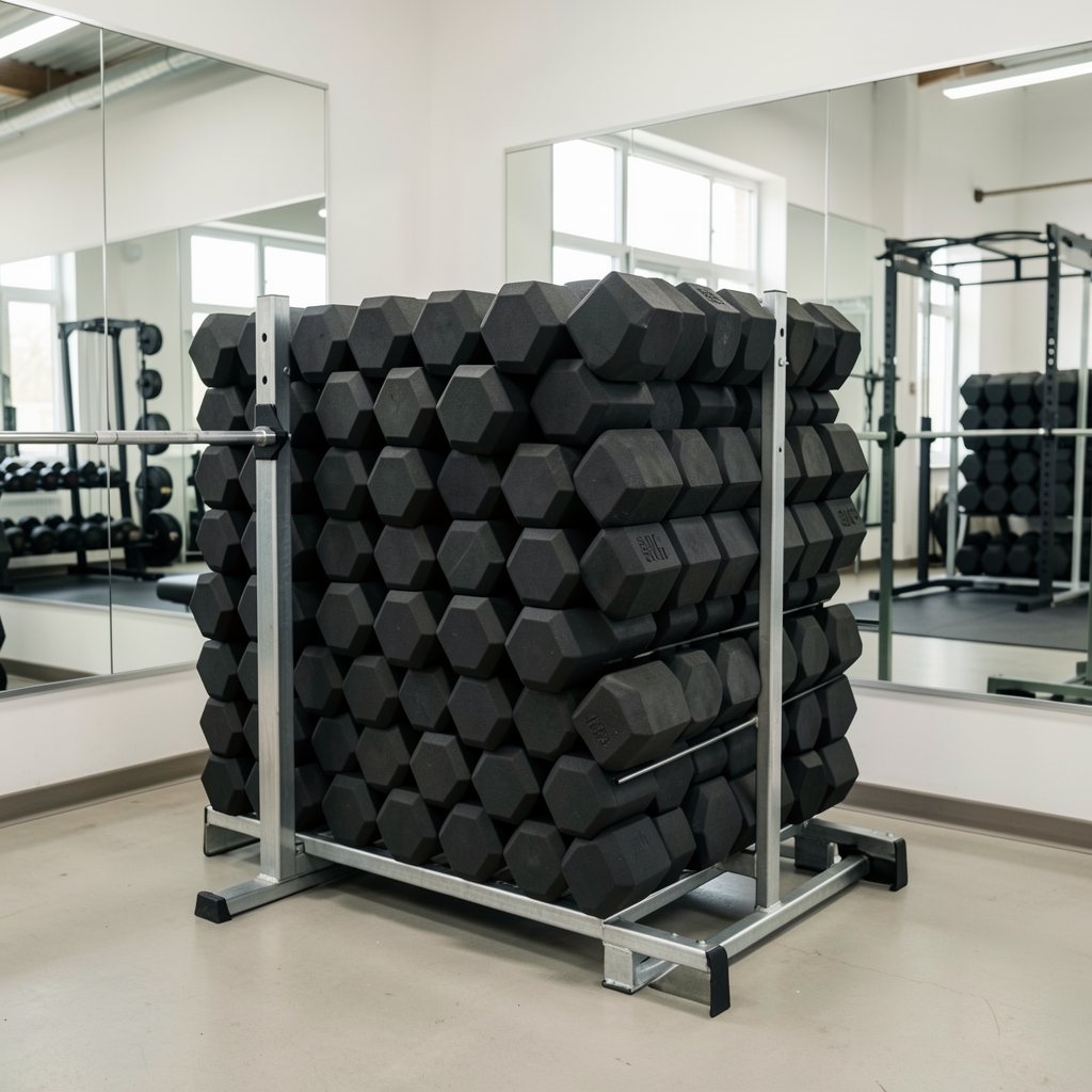 PowerBlock podesive bučice do 32kg u plastičnoj kocki obliku, sive boje, postavljene na metalnom stalaštvu u teretani