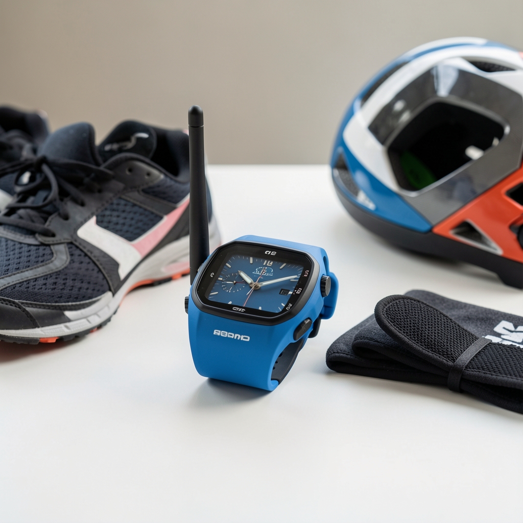Polar Vantage M2 multisportski sat u plavoj boji sa GPS antenom i tekstilnom narukvicom na belom stolu pored sportske opreme