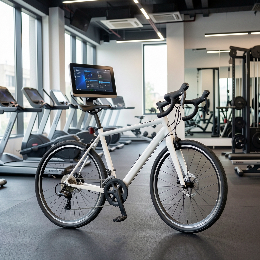 Technogym Bike sobni bicikl u beloj boji sa digitalnim ekranom i podešavanjem zaslona u modernoj fitness prostoriji