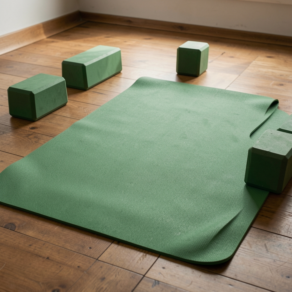 Gaiam Premium yoga podloga ljubičaste boje debljine 6mm sa neklizajućom teksturom, delimično urolana na svetlom parketu