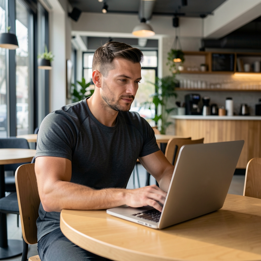 Marko Stanković, fitnes konsultant i autor blog sadržaja, sportski muškarac sa laptop računarom u modernom kafe prostoru