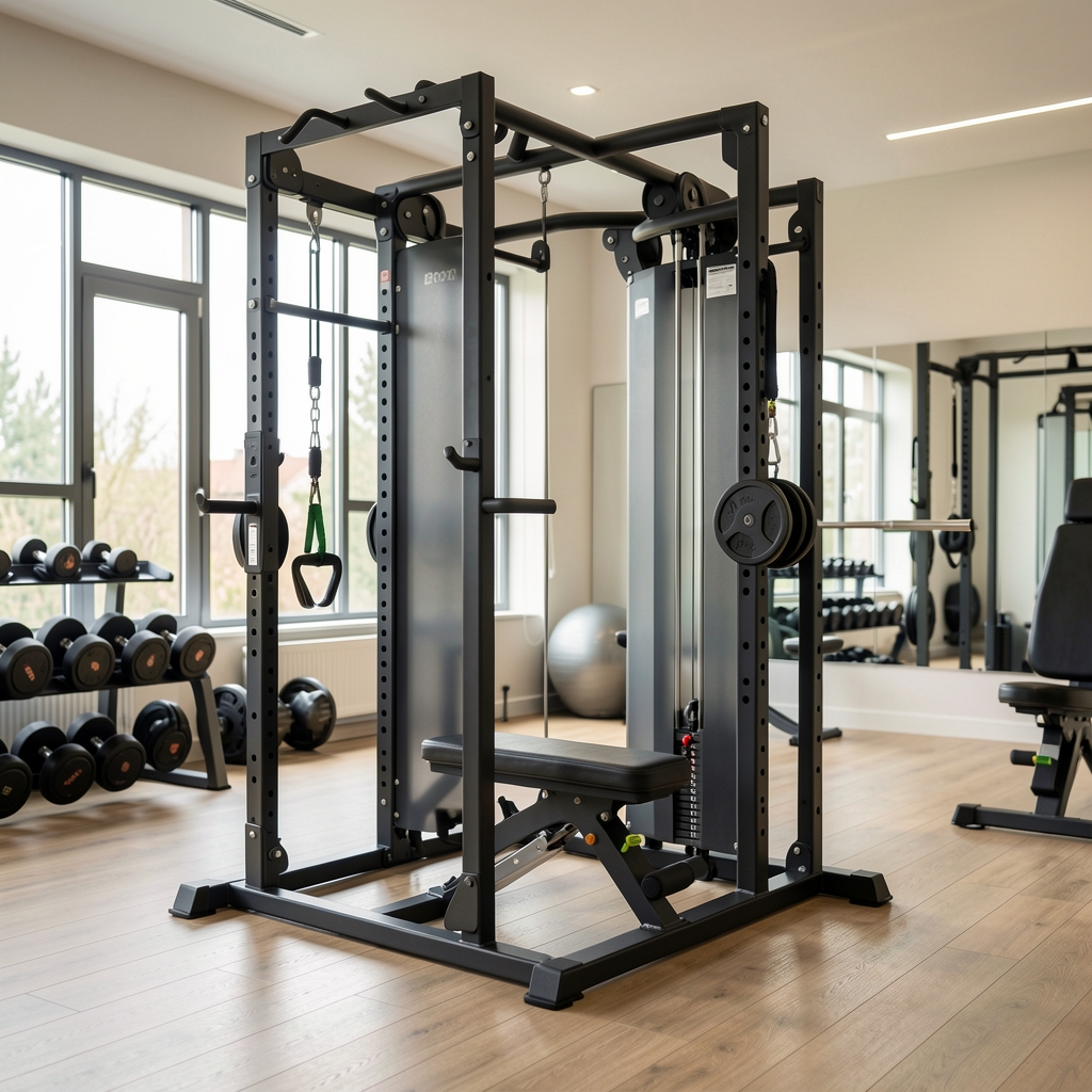 Komplet gumenih bumper ploča Valor Fitness od 100 kilograma u crnoj boji složenih na olimpijskom stalku u kućnoj teretani